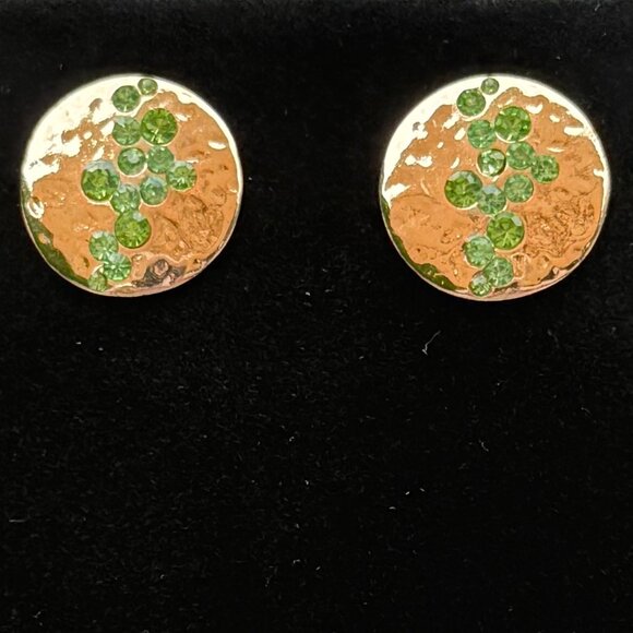 3/$17 Abstract Green Rhinestone Gold Disk Pierced Earrings - Picture 1 of 3
